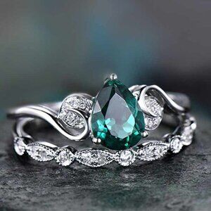 💍 Elegant Dainty Lake Green Anillos 925 Silver Couple Ring Set, VIP211